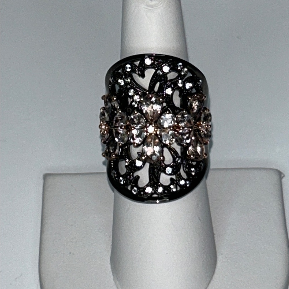 NWT Genuine Morganite Gemstone Gunmetal Plate Sterling Silver Designer Ring